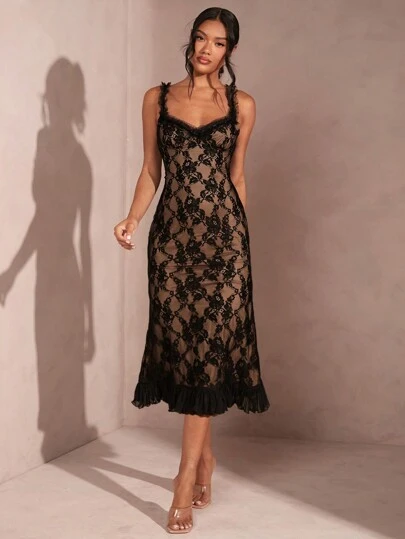 SHEIN BAE Women's Summer Dresses - Sleeveless Black Lace Bodycon Dress And Elegant Square-Necked Sweetheart Sheer Mid-Length Dress For Dating,Valentine's Day,Valentine Outfits For Women