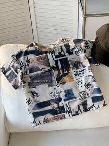 Camiseta Casual de Gola Redonda com Manga Curta de Estilo Jovem com Fotografias de Paisagem emolduradas