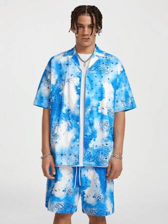 Manfinity RebelGame Men's Digital Printed Loose Shirt Set, Summer , Color Block , Graphic , Vacation , I Love My Boyfriend , Boyfriend Gift , Americana , Rave Outfit