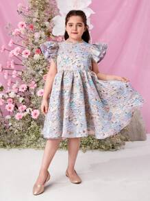 SHEIN Tween Girls Extended Size Elegant &  Woven Jacquard Short Sleeve Dress For Spring And Summer - Multicolor - View 7