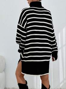 EURMUSE Women Stiped Knit Design Knit Dress With Zipper Detail - Black and White - View 2
