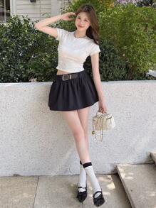 DAZY Ladies' Summer Slim Fit Round Neck Short Sleeve T-Shirt With Bow Decoration - White - View 2