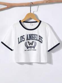 SHEIN Tween Girl Letter Graphic Contrast Binding Crop Tee - White - View 1