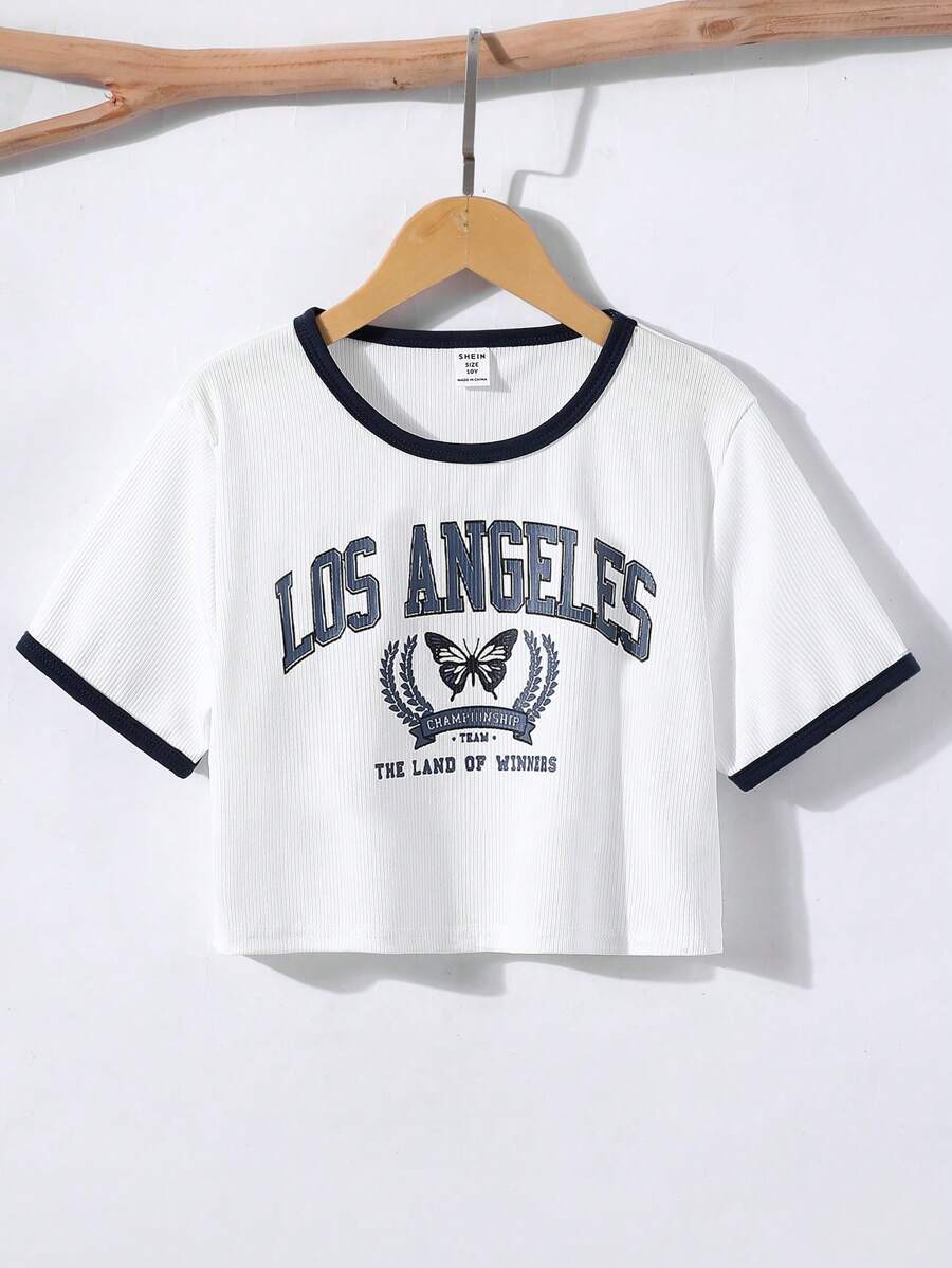 SHEIN Tween Girl Letter Graphic Contrast Binding Crop Tee - White - View 1