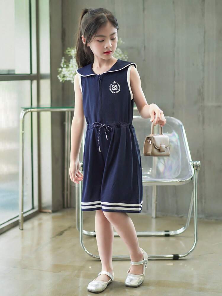 Tween Girl Casual Collared Knitted Jumpsuit With Cinched Waist Shorts