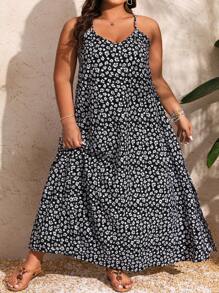 SHEIN Holidaya 加大码波西米亚风高侧开叉花卉细肩带连衣裙女装，适合夏季 - 彩色 - 查看 6