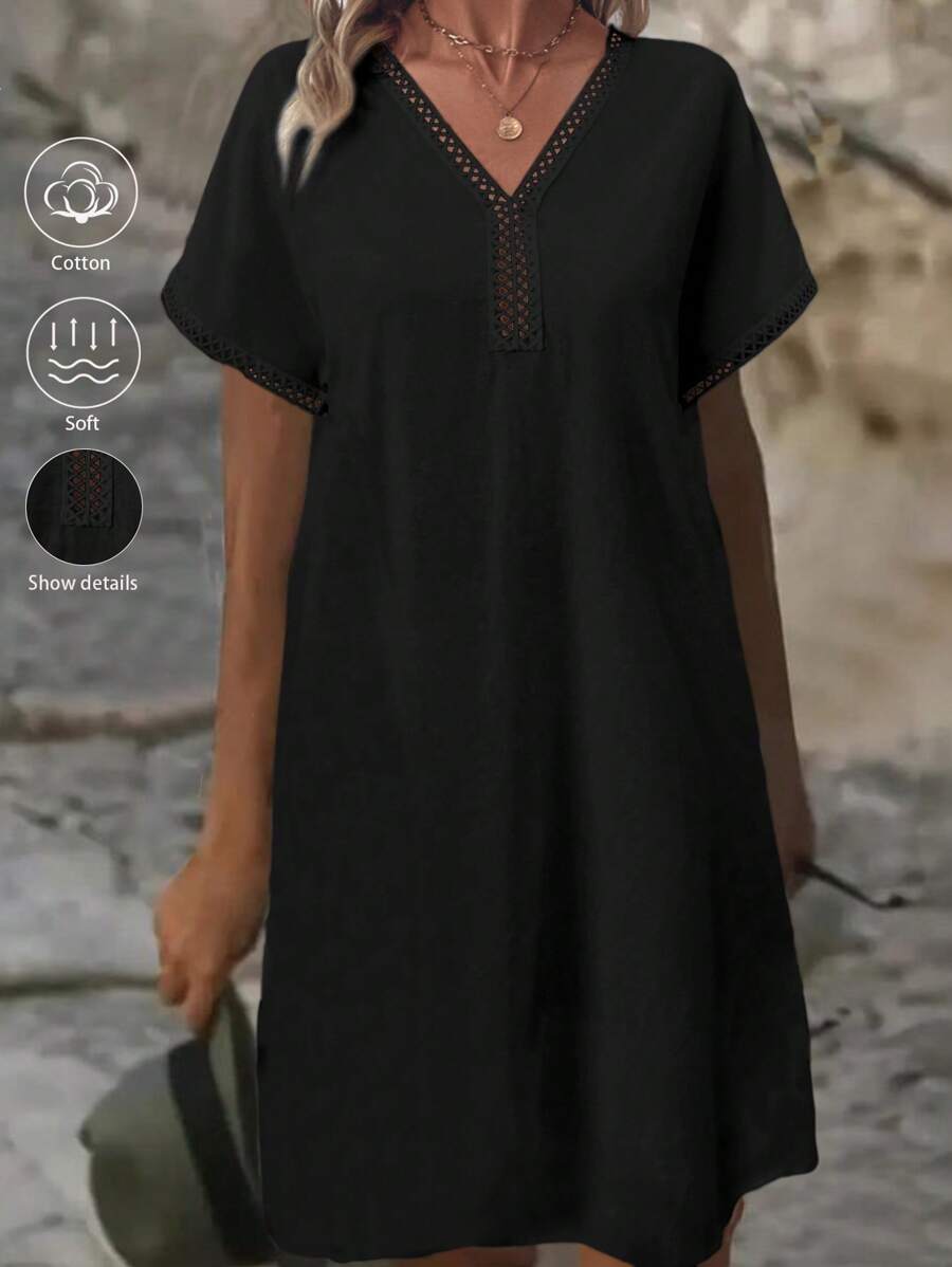 SHEIN LUNE Váy chắp vá ren nữ - màu đen - Xem 1