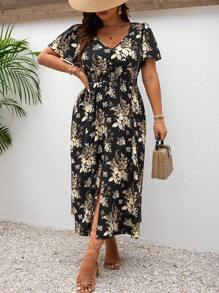 SHEIN Frenchy 大尺碼女士休閒印花開衩，彈性腰身，度假長裙，簡單日常裙（隨機印花） - 彩色 - 查看 4