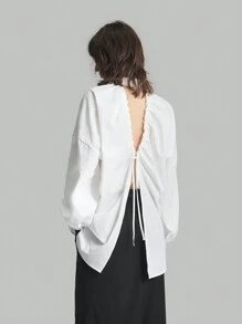 Ontre Blusa de manga larga de unicolor y estilo casual para mujer, camisa blanca de algodón con espalda descubierta y semi-formal, para usar en otoño, de vuelta al colegio, para uso diario - Blanco - Ver 1