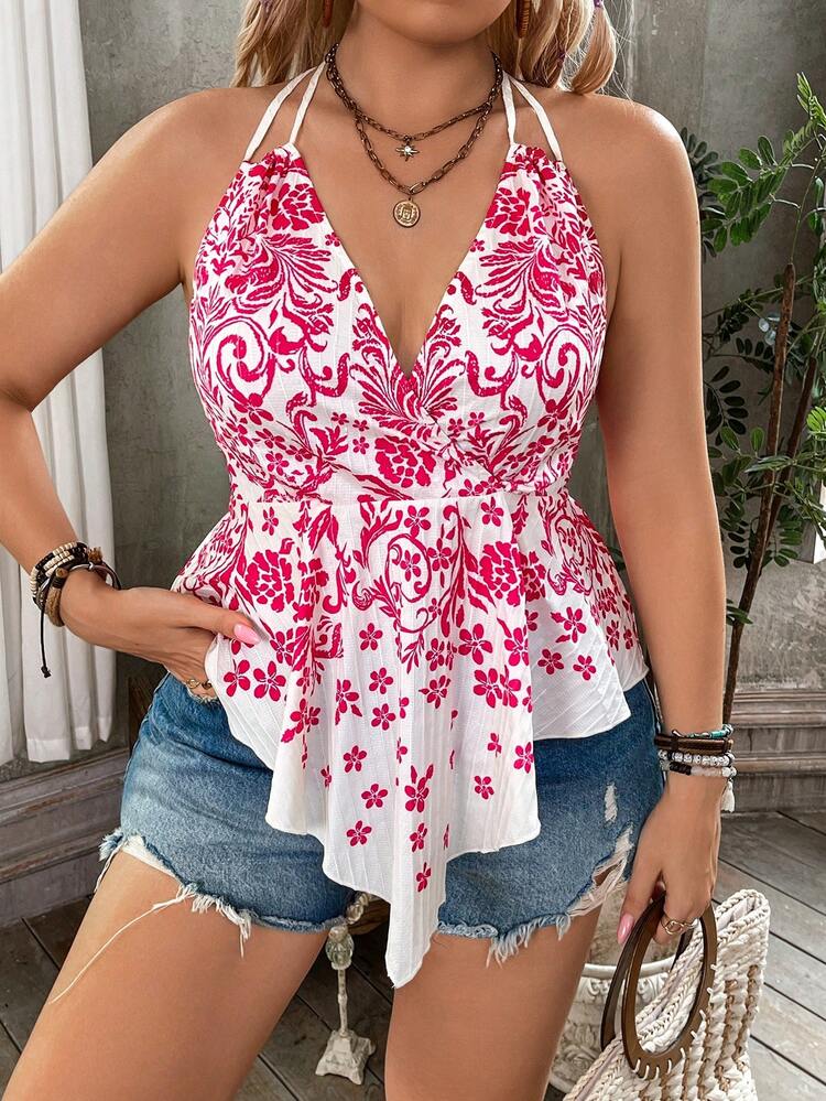 Plus Size Women's Vacation Printed Neck-Hanging Spaghetti Strap Top