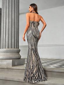 SHEIN Belle Luxurious Beaded Khaki & Black Mermaid Dress,Crossed Front V-Neck See-Through Mesh Spliced High-Waisted High Side Slit Long Train Formal Gown,Wedding - Khaki - View 3