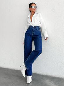 EURMUSE High Waist Straight Leg Jeans - Medium Wash - View 4