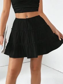 SHEIN Essnce SunmmerSolid Color Elastic Waist Ruffled Hem Skirt #Easter - Black - View 3