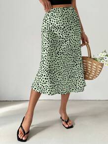 Chiquease Medium Length Satin Printed Skirt - Green - View 6