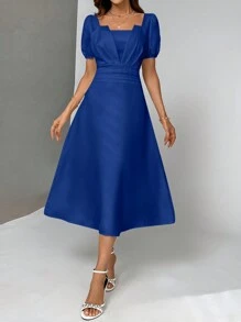 SHEIN Privé 純色對稱領派對腰A字裙 - 藍色 - 查看 3