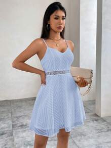 SHEIN Privé 女士婚禮嘉賓蕾絲中空腰身連衣裙，夏季 - 淺藍色 - 查看 6