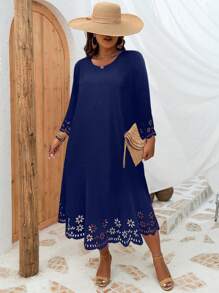 INAWLY Plus Laser Cut Scallop Trim Tunic Dress - Navy Blue - View 3