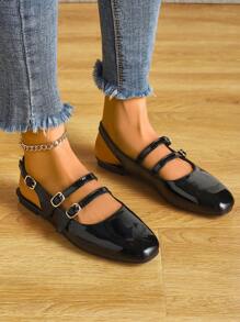 女士黑色扣釦平底鞋，時尚休閒約會鞋，優雅女士小皮鞋 - 黑色 - 查看 3
