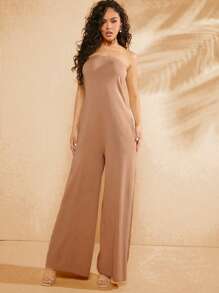 Hauture Simple Slant Pocket Tube Wide Leg Jumpsuit