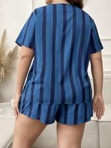 Plus Size Round Neck Striped Printed Casual T-Shirt And Shorts Pajama Set - Navy Blue - View 2