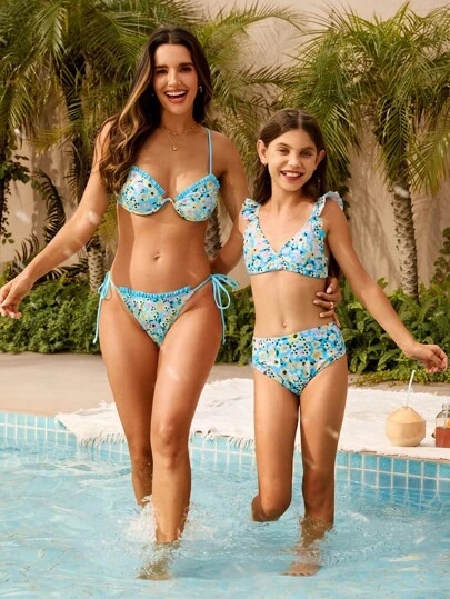 SHEIN Swim Women's Summer Beach Floral Print Spaghetti Strap Bikini Set With Tie-Side Bottom For Vacation, Mommy And Me Matching Outfits (Sold Separately)