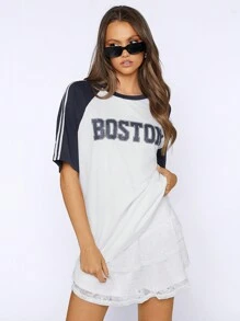 SHEIN EZwear 女士字母印花夏季運動休閒寬鬆T恤，拼色袖子設計，適用於比賽