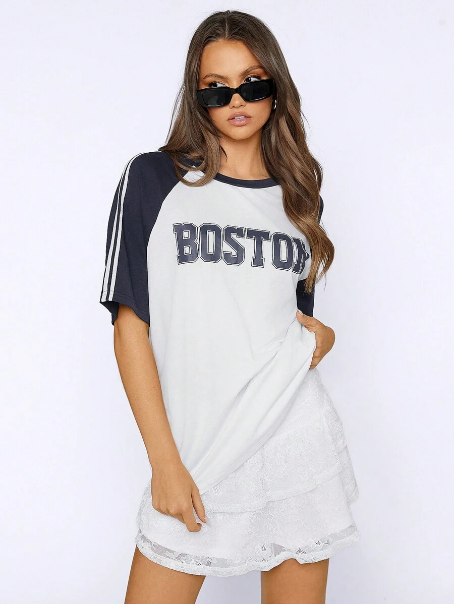 SHEIN EZwear 女士字母印花夏季運動休閒寬鬆T恤，拼色袖子設計，適用於比賽