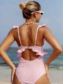 Swim Mod Traje de baño de una pieza para mujer con ribete de volantes jacquard de unicolor para vacaciones en la playa - Rosa - Ver 2