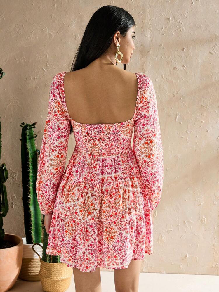Women's Fashionable Summer Holiday Style Printed Hollow Out Dress