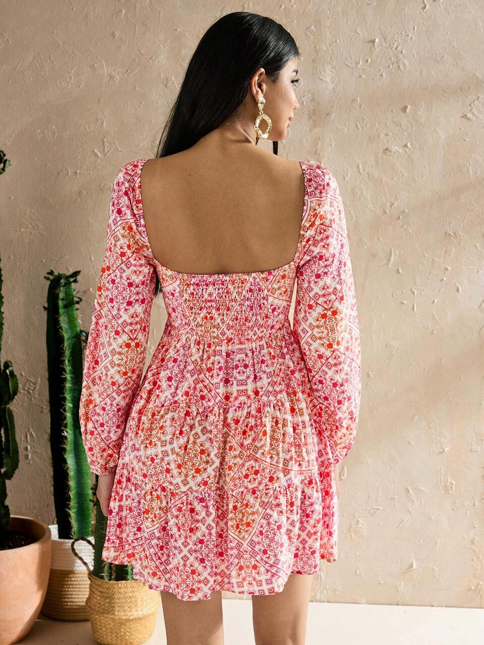 Women's Fashionable Summer Holiday Style Printed Hollow Out Dress