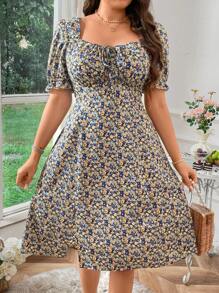 Franclia Vestido de estilo floral campirano de talla grande con mangas abullonadas y ribete de volantes - Multicolor - Ver 1