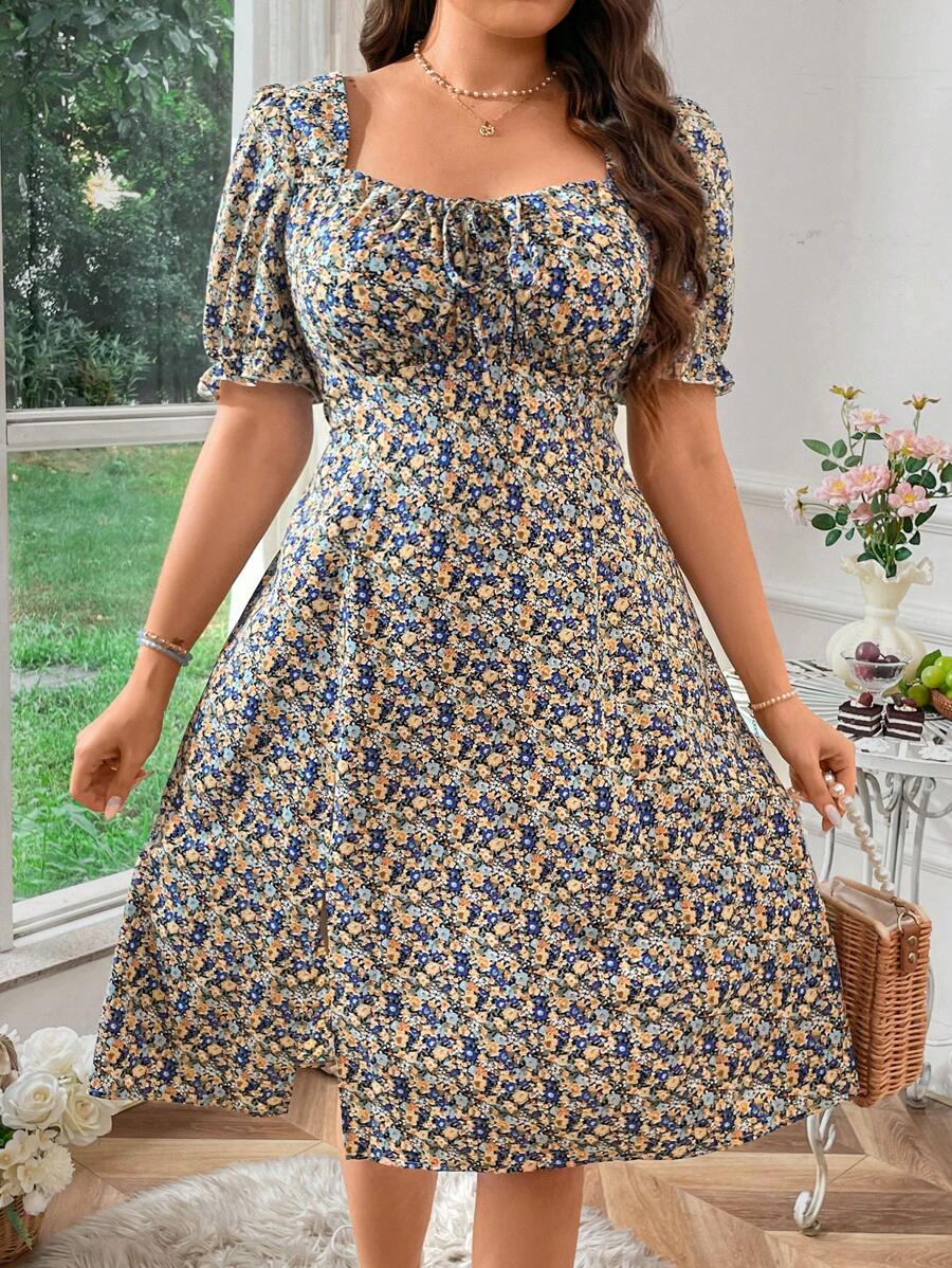 Franclia Vestido de estilo floral campirano de talla grande con mangas abullonadas y ribete de volantes - Multicolor - Ver 1