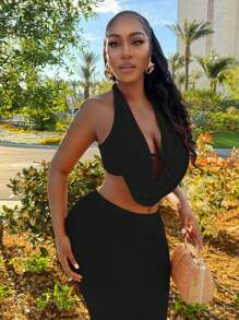 BamGleam Women Sexy Crowl Halter Top V-Neck Cami Top And Maxi Skirt Two Pieces Set For Club Party Outfit - Black - View 6