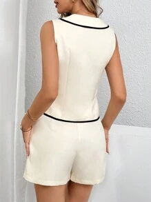 Firerie Conjunto de top y pantalones cortos de mujer con bloqueo de color, 2 piezas/set para otoño/invierno - Blanco y Negro - Ver 4