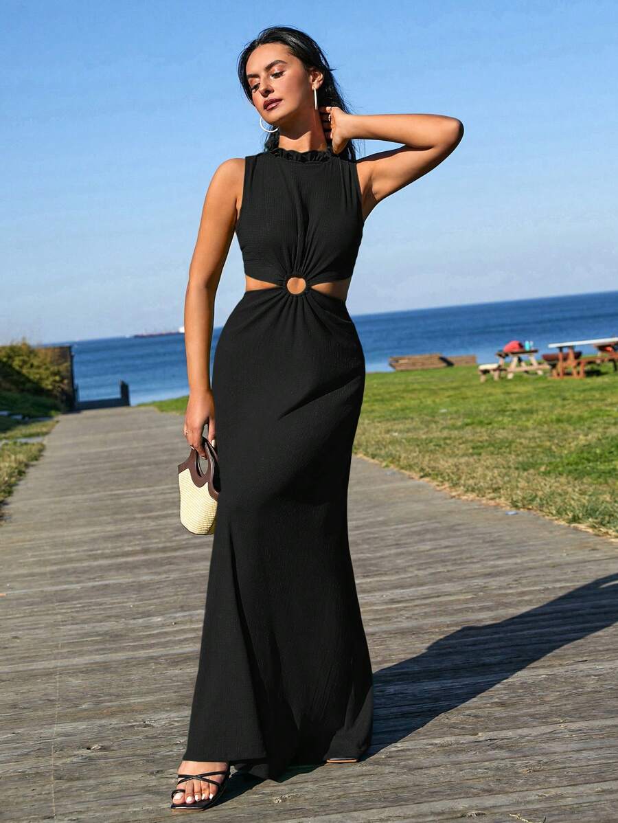 EURMUSE Green Back Detail Summer Long Dress - Black - View 1