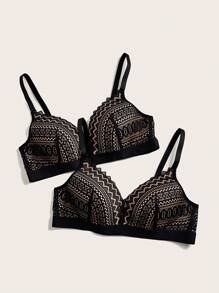 Plus Size Lace Patchwork Wireless Bra In Solid Color ,2 Pcs - Black - View 3