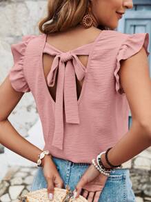 SHEIN Frenchy 女士夏季假日實色後交叉帶荷葉邊上衣 - 粉色 - 查看 5