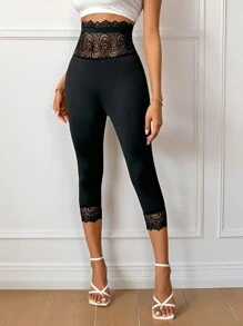 Firerie Women's Daily Elegant Basic Simple Lace Butt Lifting High-Waisted Capri Leggings - Black - View 9