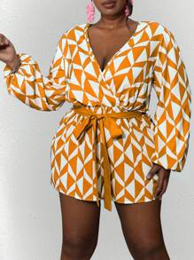 Maweii Plus Size Women's Fashion Color Block Geometric Printed Long Sleeve Jumpsuit - Yellow - View 3