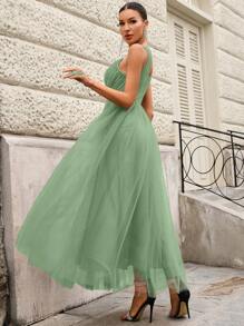 SHEIN Belle 优雅浪漫的鼠尾草绿色 V 领薄纱伴娘礼服女士正式舞会礼服，适合圣诞节