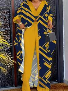 女裝休閒2件組V領中袖長版印花上衣和彈性腰長褲套裝