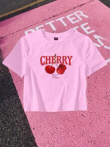 SHEIN EZwear 休闲简约樱桃印花圆领短袖修身短款上衣 T 恤女款，适合夏季，棉混纺 - 淺粉色 - 查看 3