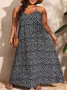 SHEIN Holidaya 加大码波西米亚风高侧开叉花卉细肩带连衣裙女装，适合夏季 - 彩色 - 查看 3