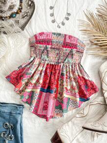 Soleia Damen Sommer Urlaubs Boho Musik Festival buntes Patchwork Bandeau Top mit asymmetrischem Saum