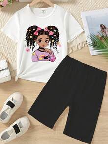 少女漫畫印花短袖上衣和純色短褲2入組，休閒夏季服裝套裝 - 白色 - 查看 3