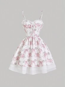 SHEIN MOD 粉色編織荷葉邊連帽裙，花朵印花和多層褶邊，前綁帶，浪漫甜美女裝