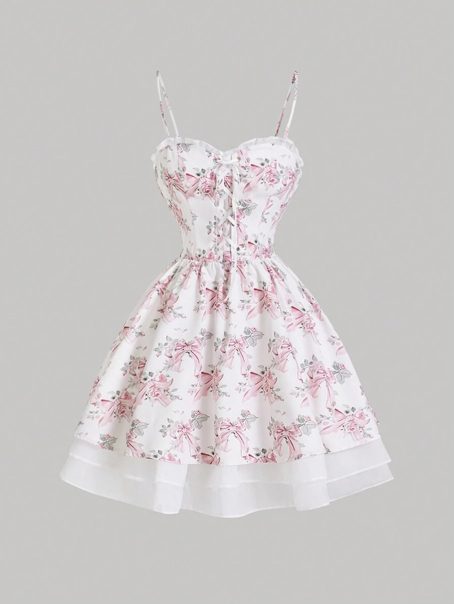 SHEIN MOD 粉色編織荷葉邊連帽裙，花朵印花和多層褶邊，前綁帶，浪漫甜美女裝