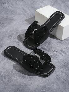 女款扁平圓頭涼鞋，前開口設計，蝴蝶結圖案，休閒夏季鞋款，輕盈拖鞋 - 黑色 - 查看 5