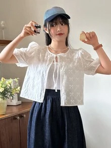 DAZY 純色短袖綁帶泡泡袖女襯衫 - 白色 - 查看 3