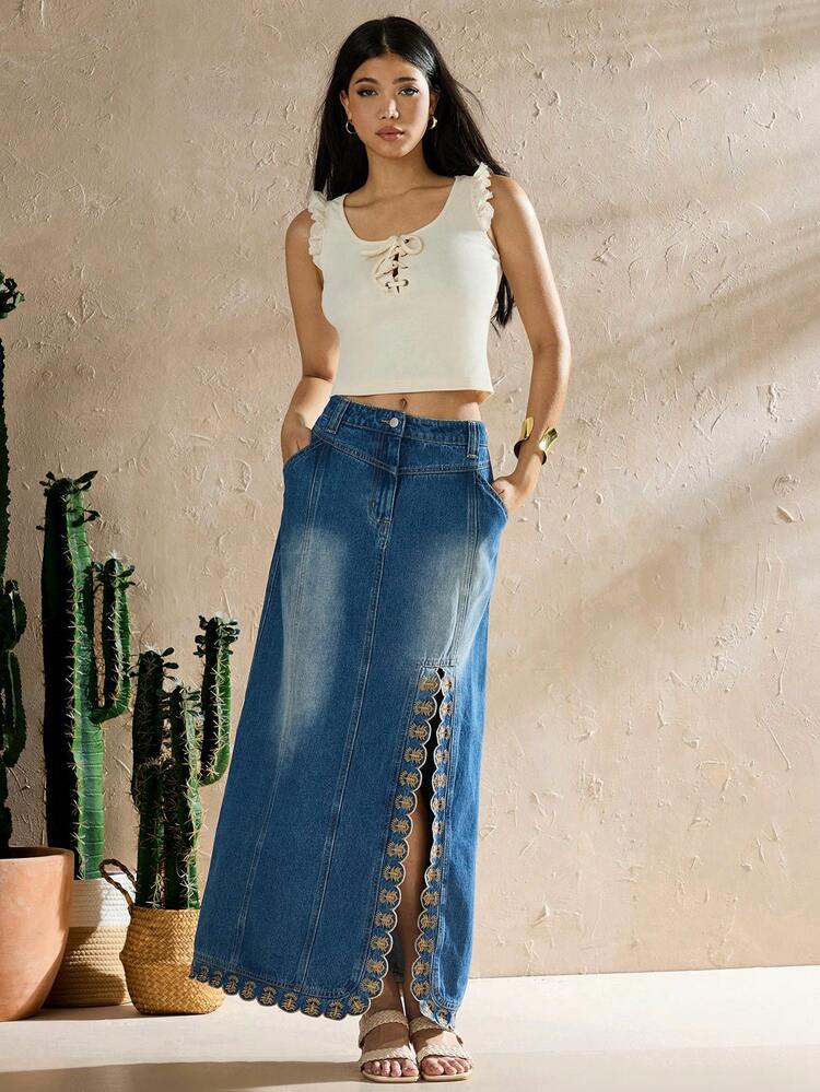 Women's Solid Color Slim Fit Cropped Cami Top With Ruffled Hem And Crossed Straps For Vacation And Leisure